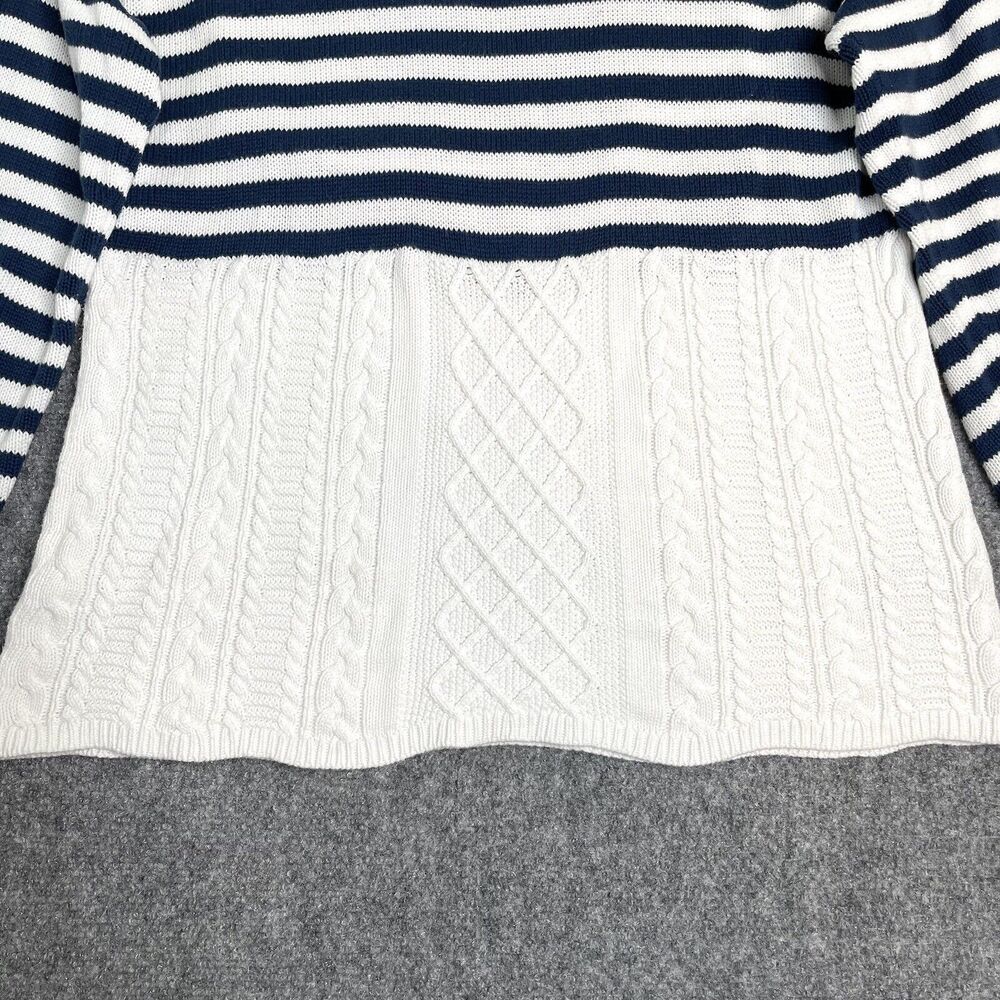 Orvis Sweater Womens Medium Navy Striped Scalloped Hem Button Accent Cotton - Picture 5 of 10